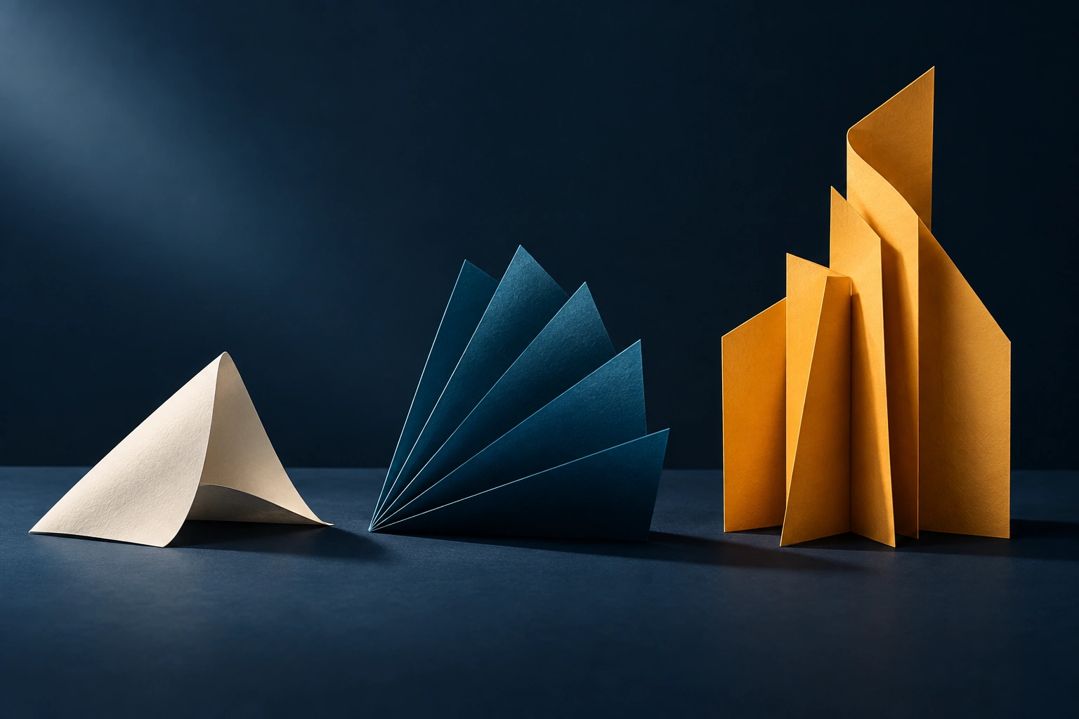 Three sculptural paper compositions in ivory, blue, and amber
