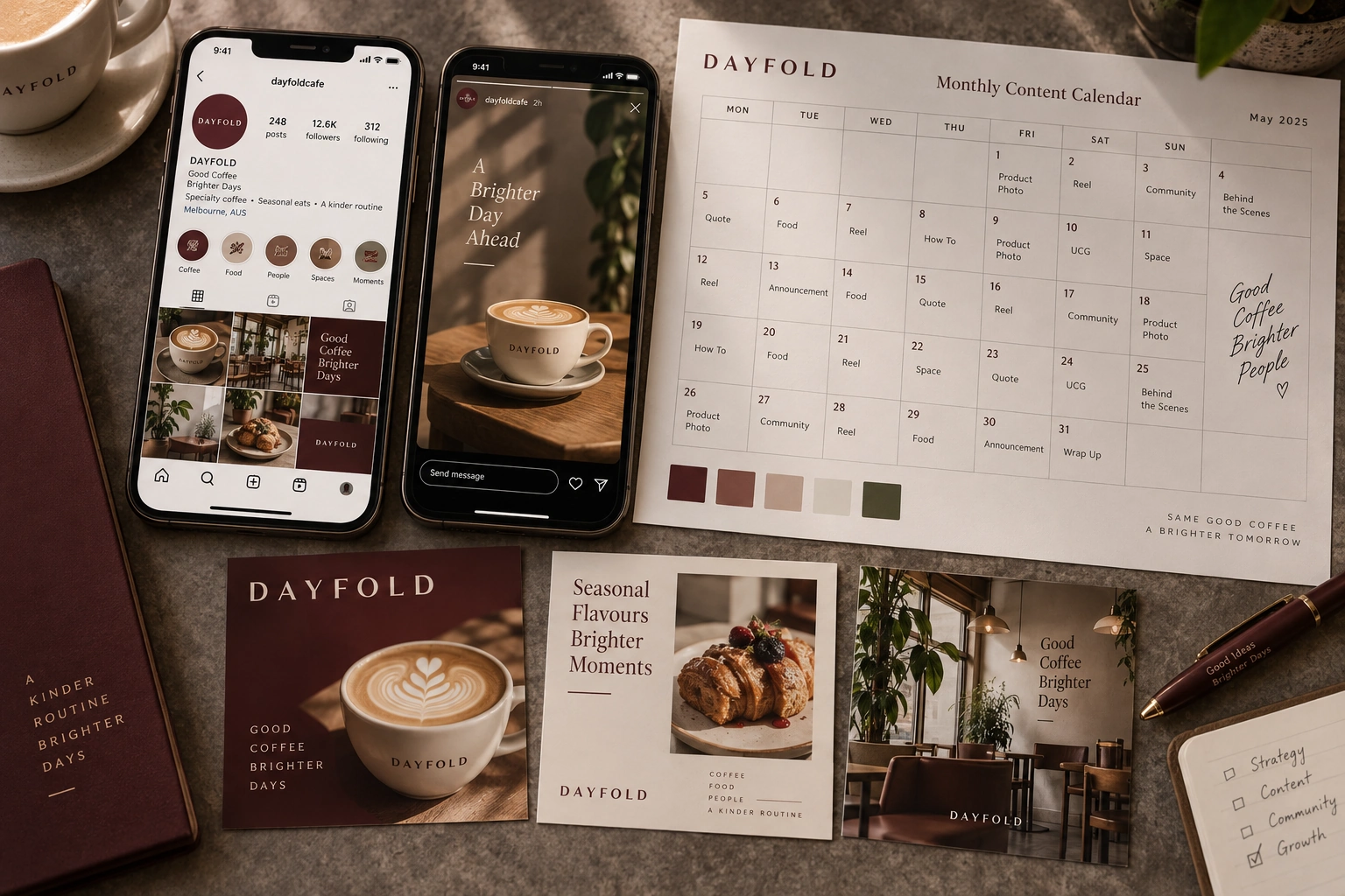 Illustrative social content layouts and a monthly planning calendar